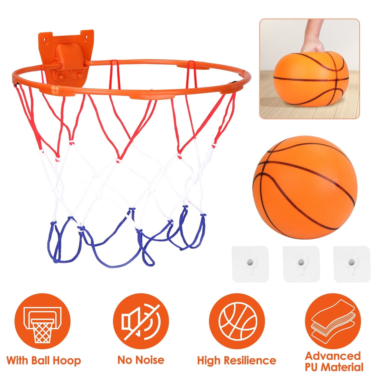 Balón de baloncesto silencioso con aro - Balón de entrenamiento de bajo ruido para interiores