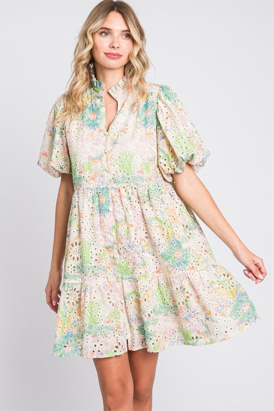 Floral Eyelet Lace Puff Sleeve Mini Dress