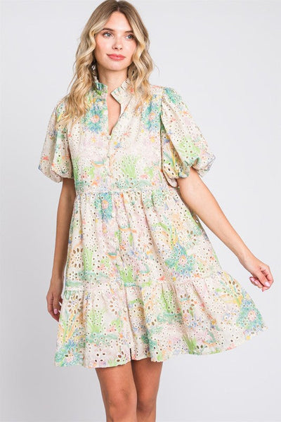 Robe Mini à Manches Bouffantes en Dentelle à Fleurs