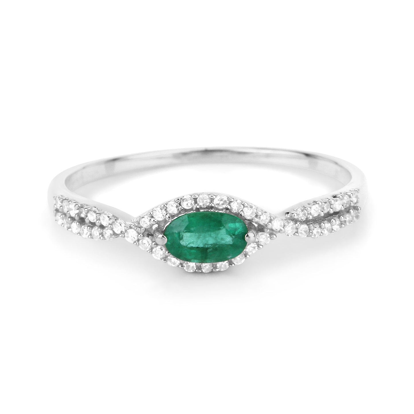 Bague en or blanc 14K avec émeraude zambienne de 0,32 carat et diamants