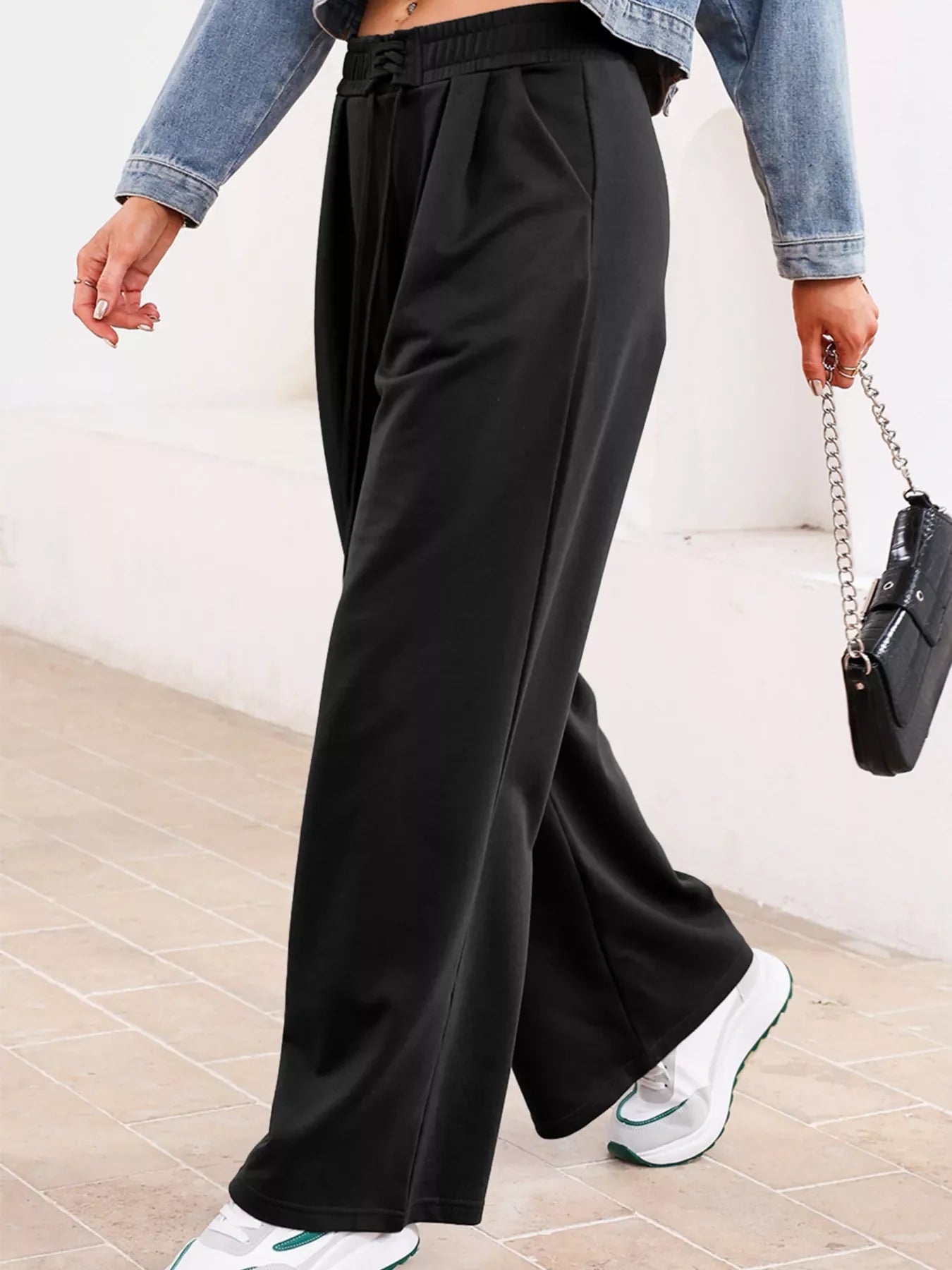 Pantalons de survêtement plissés à taille haute élastique à nouer