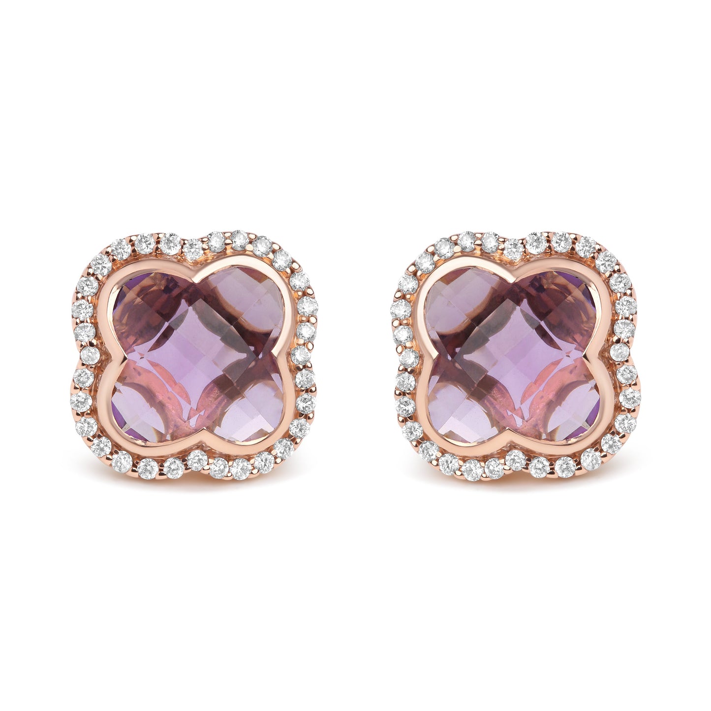Pendientes de Stud Halo de Amatista Cortada en Trébol de Oro Rosa de 18K
