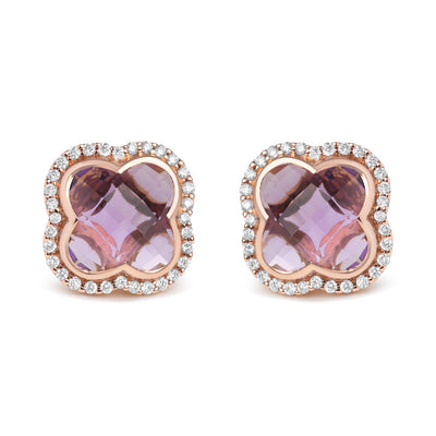 Pendientes de Stud Halo de Amatista Cortada en Trébol de Oro Rosa de 18K