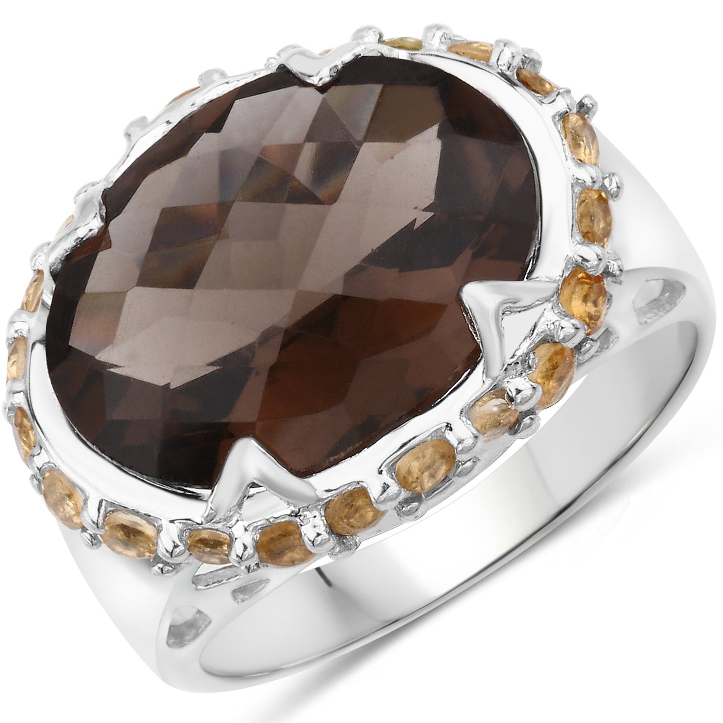 9.58 Carat Genuine Smoky Quartz and Citrine Sterling Silver Ring