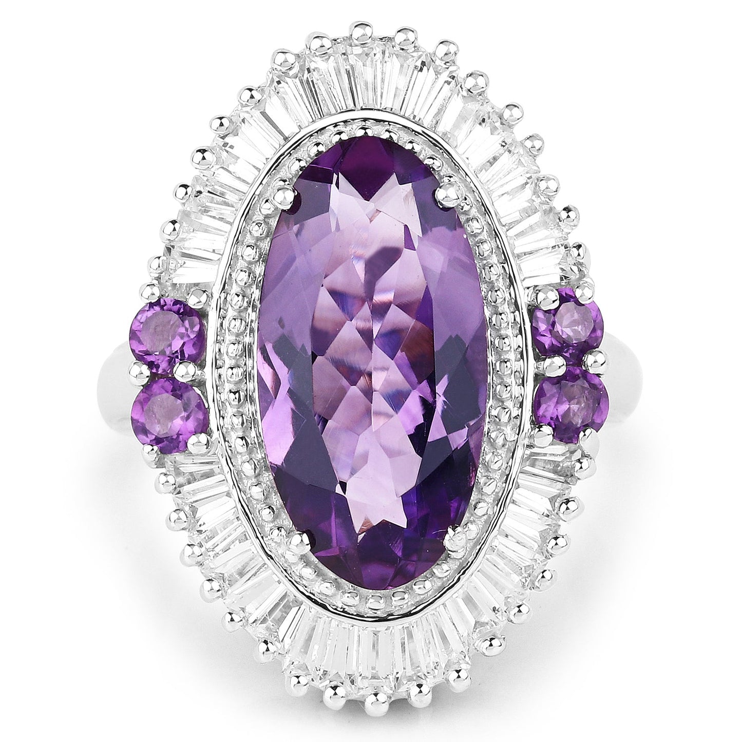 Bague en argent sterling avec améthyste véritable de 7,96 carats et topaze blanche