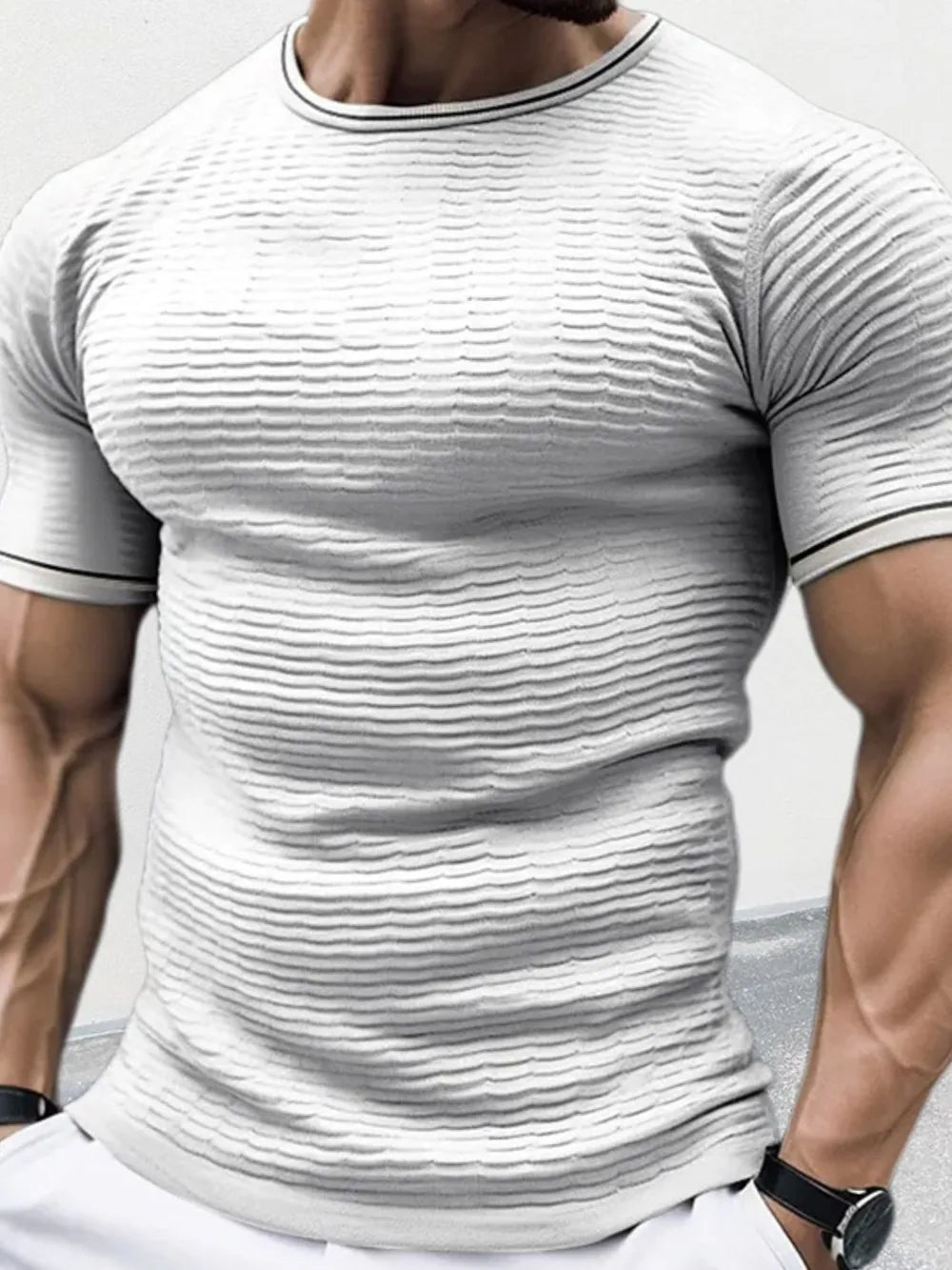 Men's Plus Size Textured Round Neck Contrast Trim T-Shirt