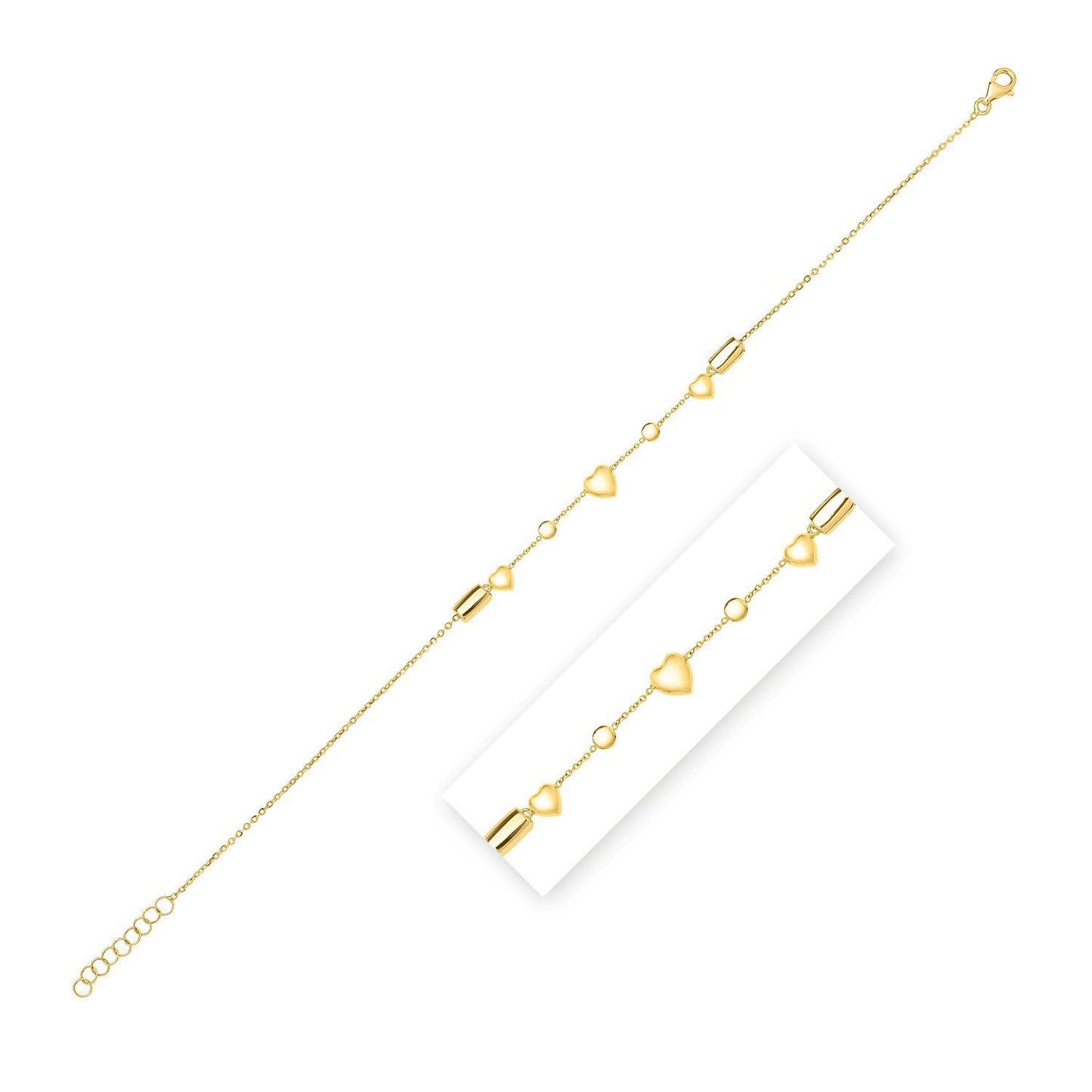 Tobillo ajustable de corazón hinchado de oro amarillo de 14k
