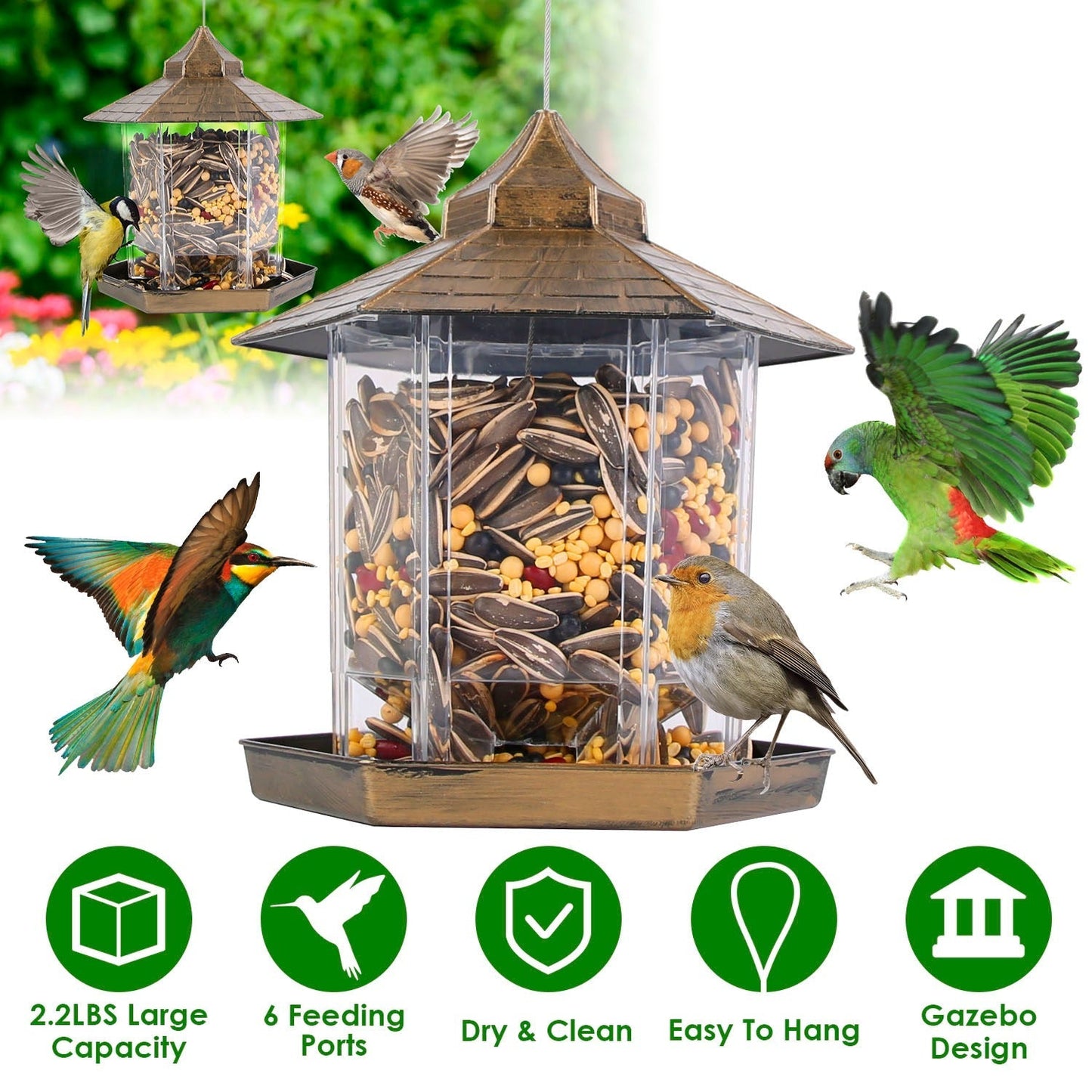 Comedero para Aves Silvestres en Forma de Gazebo Colgante con Gran Capacidad