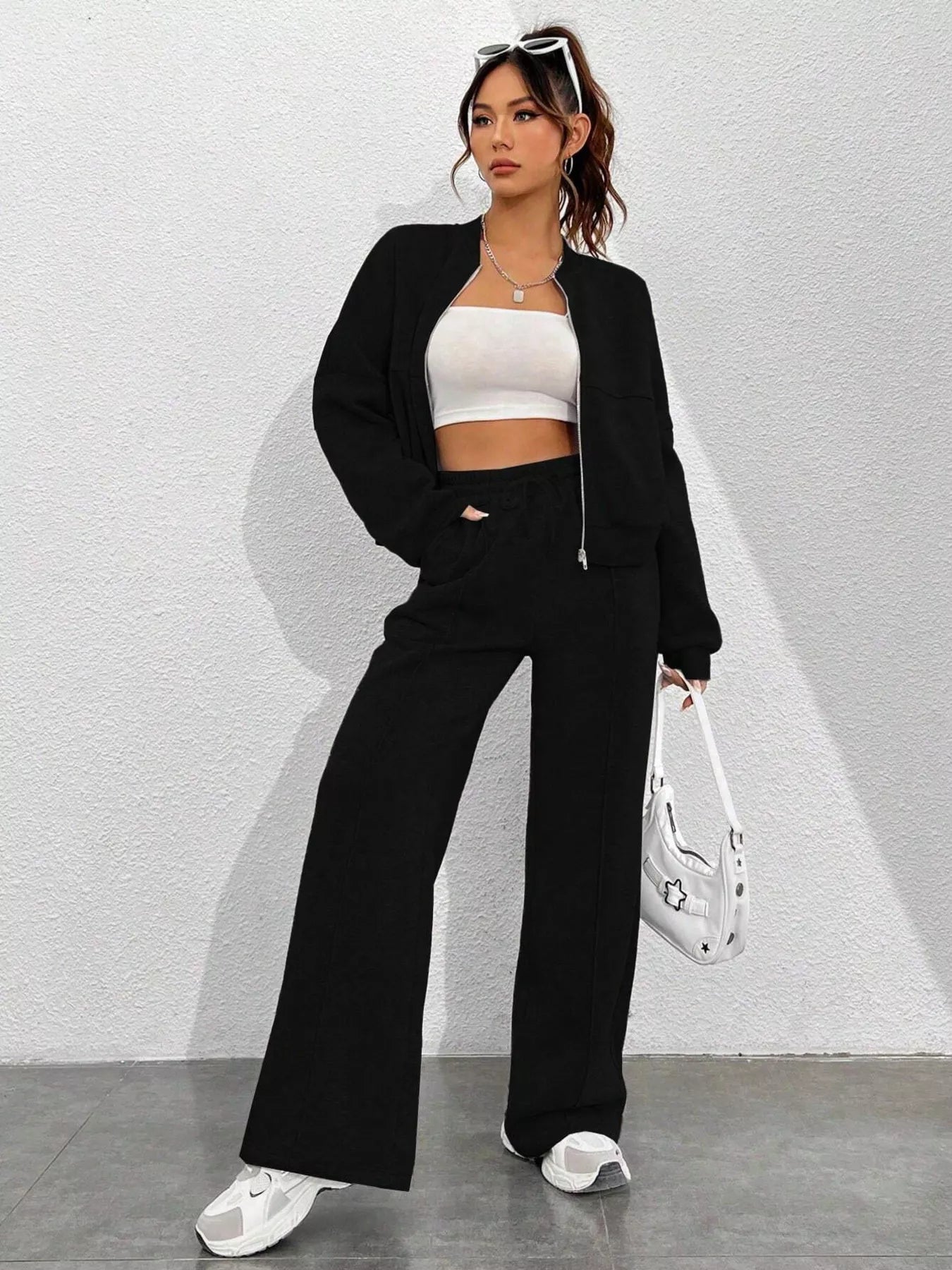 Ensemble de Veste Zippée en Couleur Unie et Pantalons à Jambes Larges