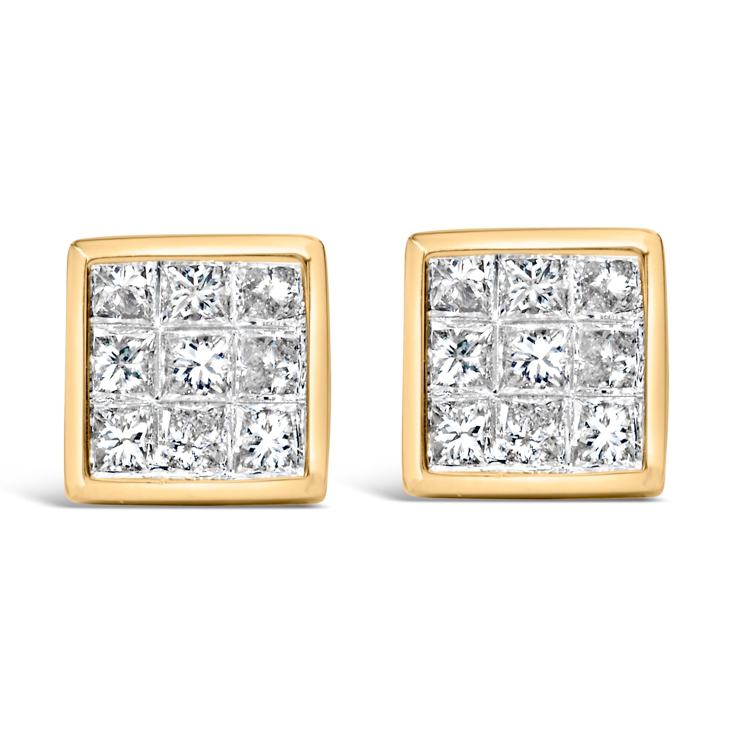 Pendientes de Stud de Diamante Compuesto de Corte Princesa de Oro Amarillo de 14K