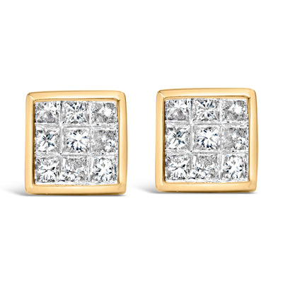 14K Yellow Gold Princess Cut Diamond Composite Stud Earrings