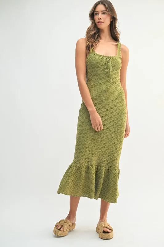 Elegant Ruffled Hem Sleeveless Crochet Knit Midi Dress