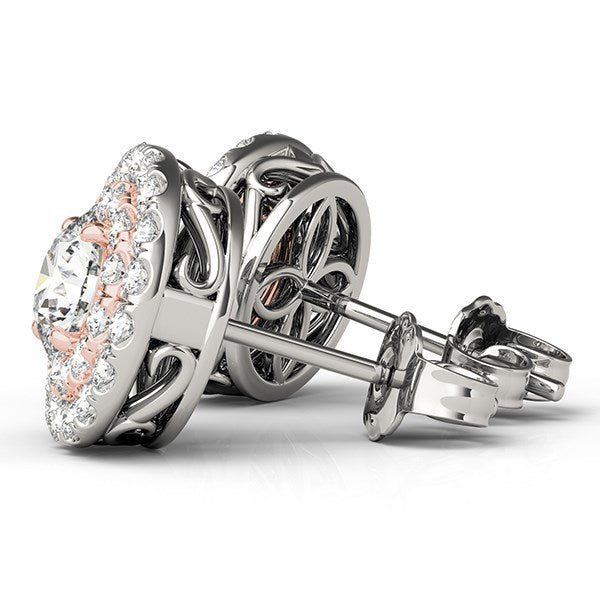 14k White and Rose Gold Round Halo Diamond Earrings