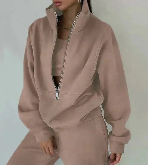 Women's Zipper Fleece Sweater Casual Set
