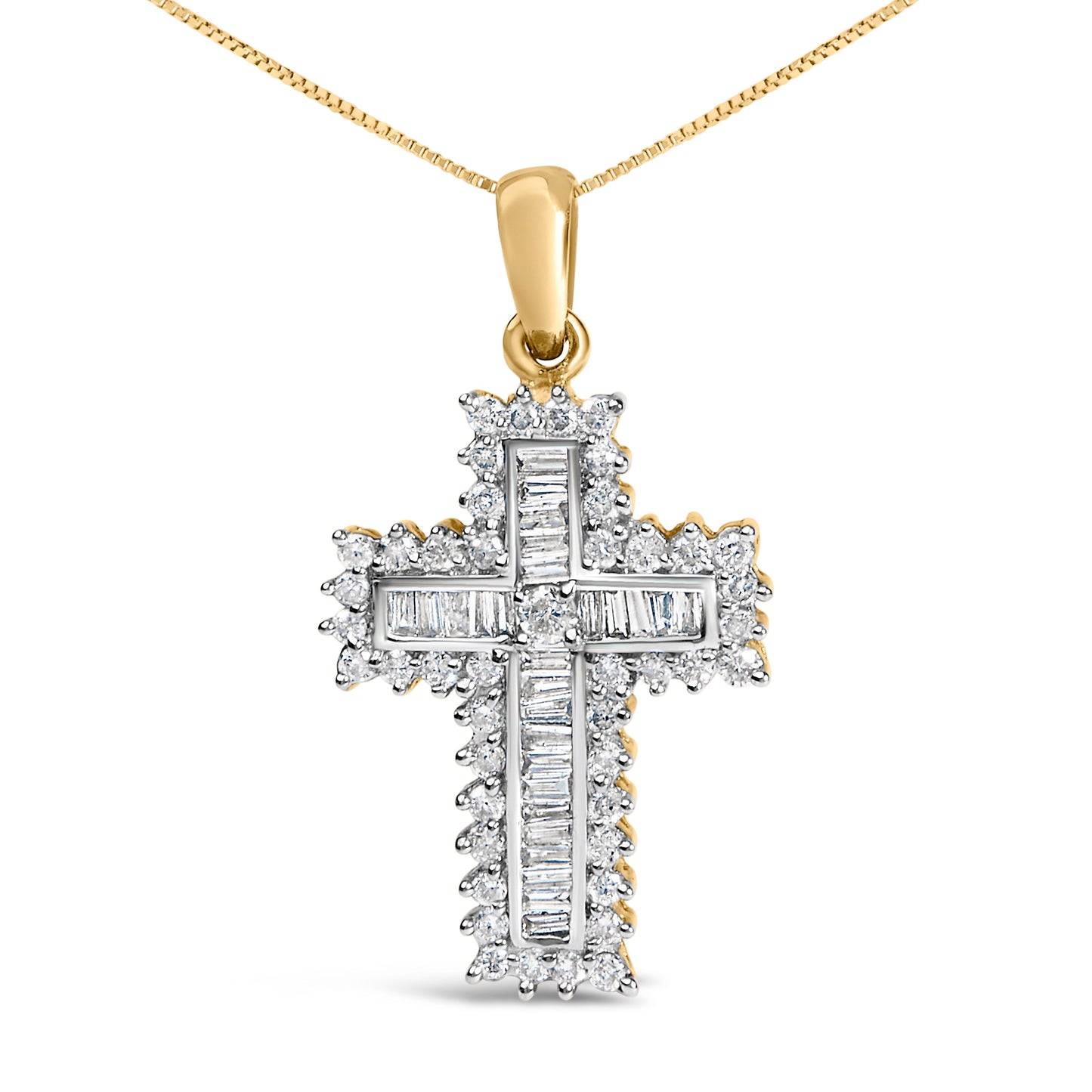Collar con colgante de cruz de diamantes de múltiples filas en oro amarillo de 14 quilates