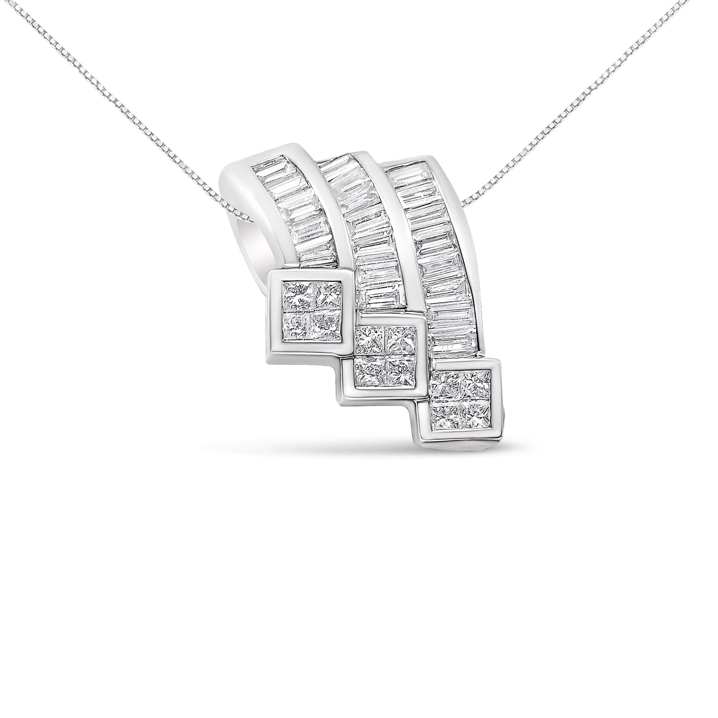 14K White Gold Triple Curve Pendant Necklace with Diamonds