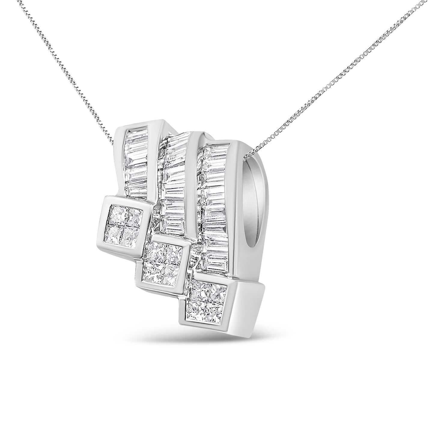 14K White Gold Triple Curve Pendant Necklace with Diamonds