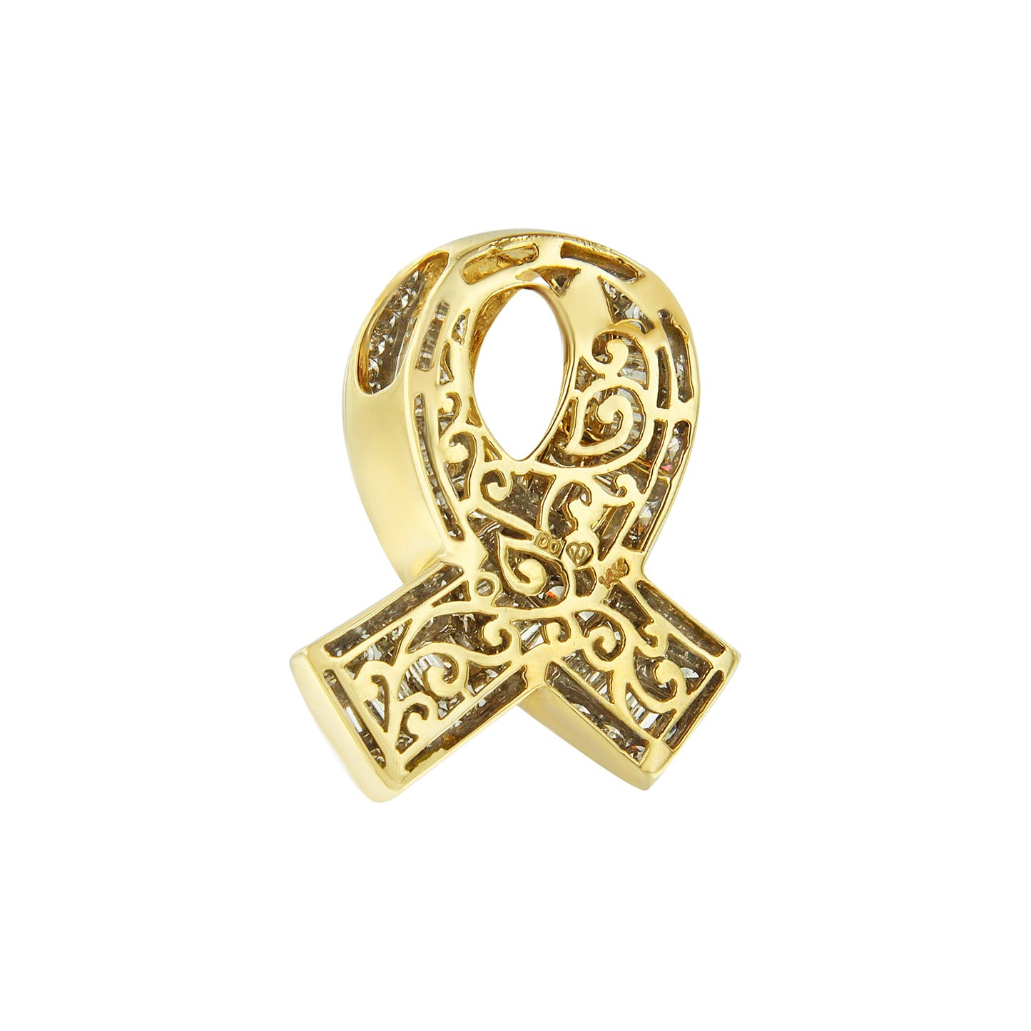 Pendentif Collier en Or Jaune 14K avec Diamant en Forme de Ruban de Sensibilisation