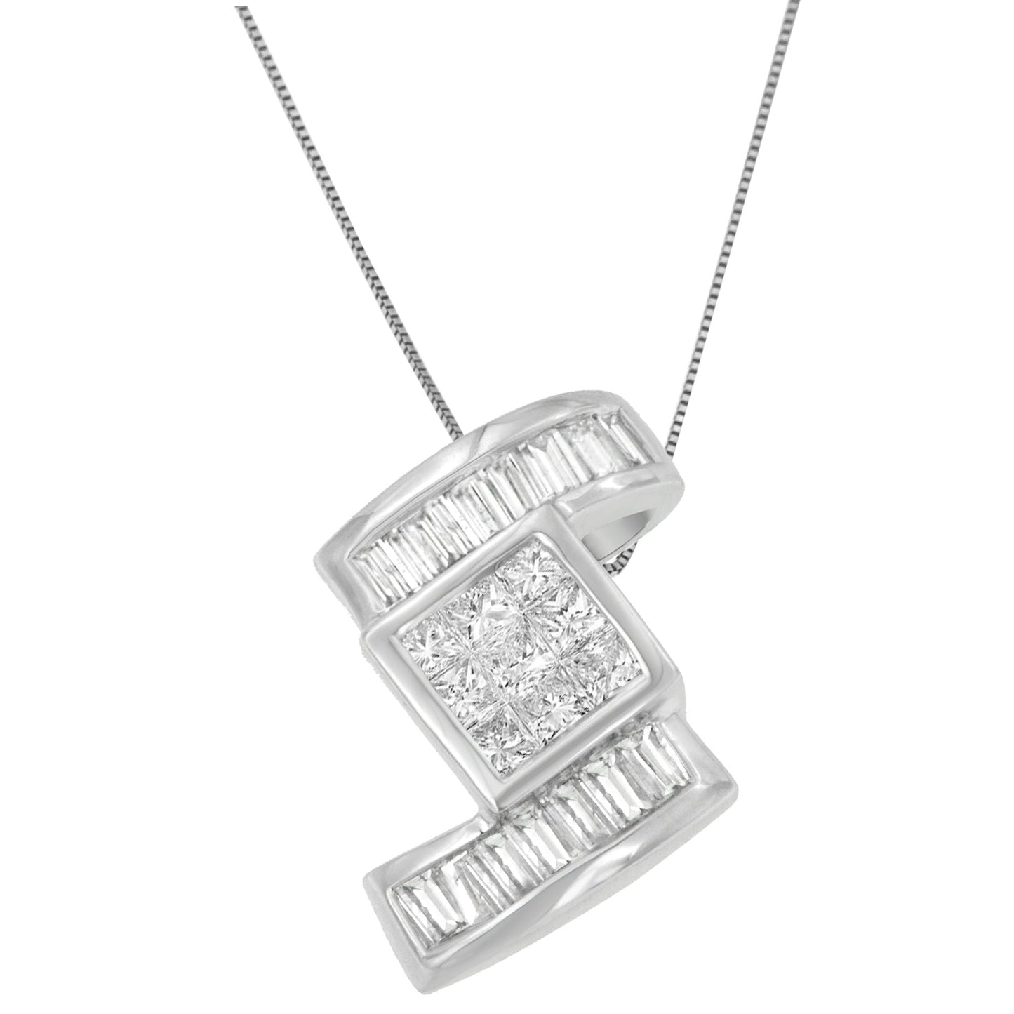 14K White Gold Diamond Zig Zag Pendant Necklace