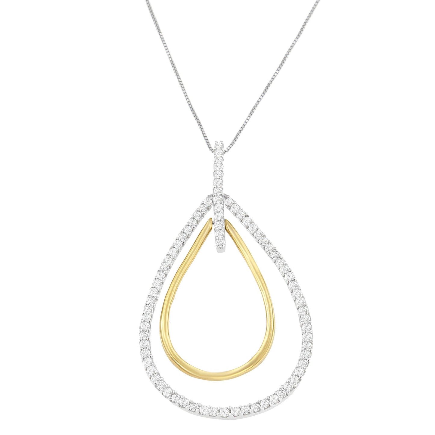 14K Two-Tone Gold Round Cut Diamond Double Burst Pendant Necklace