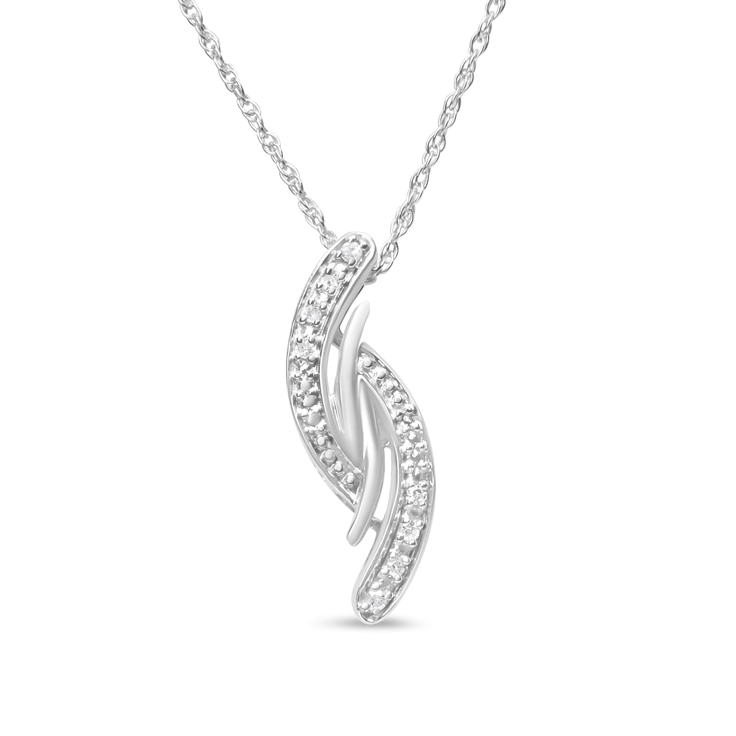 Collier Pendentif Courbe Bypass en Argent Sterling .925 avec Accent de Diamant
