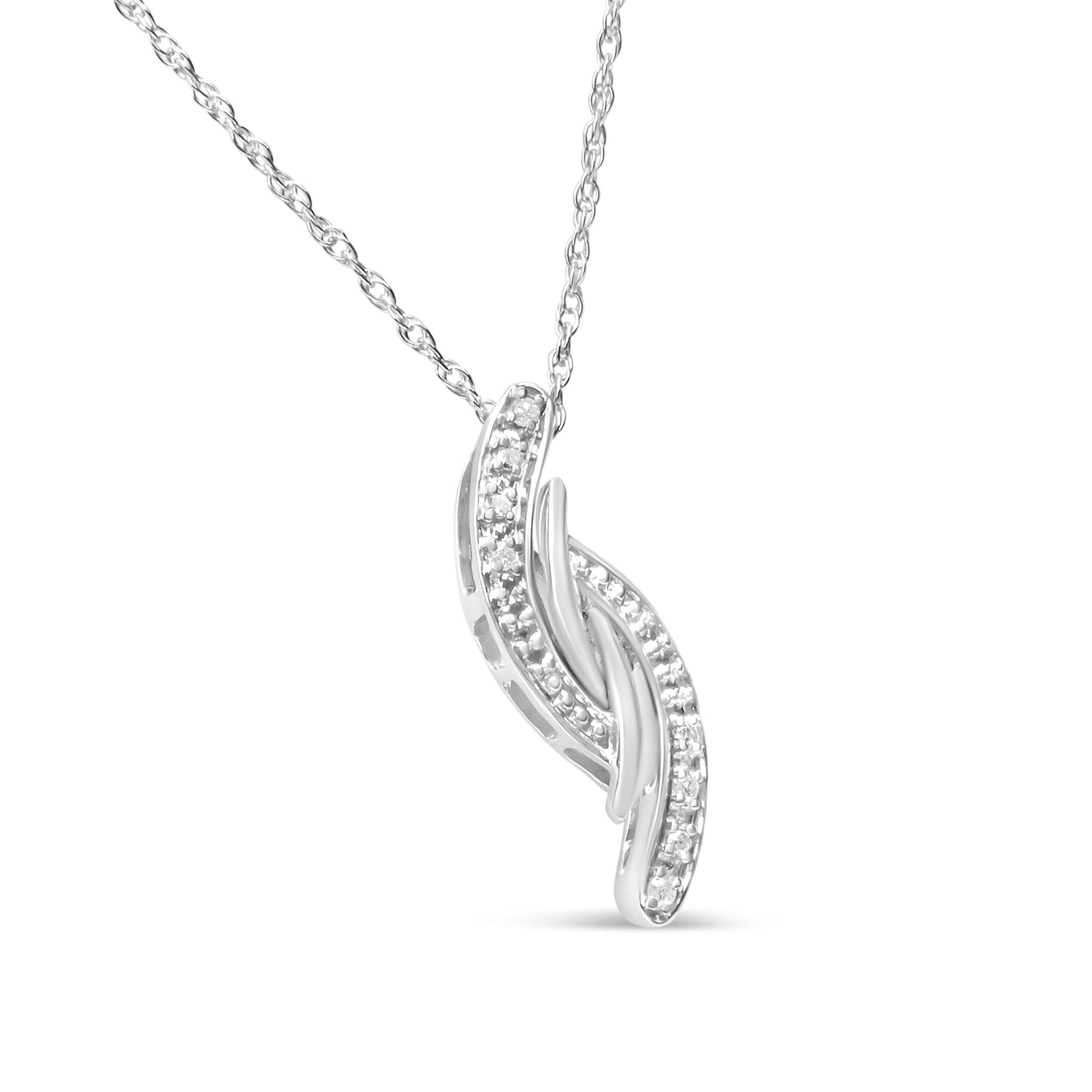 Collier Pendentif Courbe Bypass en Argent Sterling .925 avec Accent de Diamant