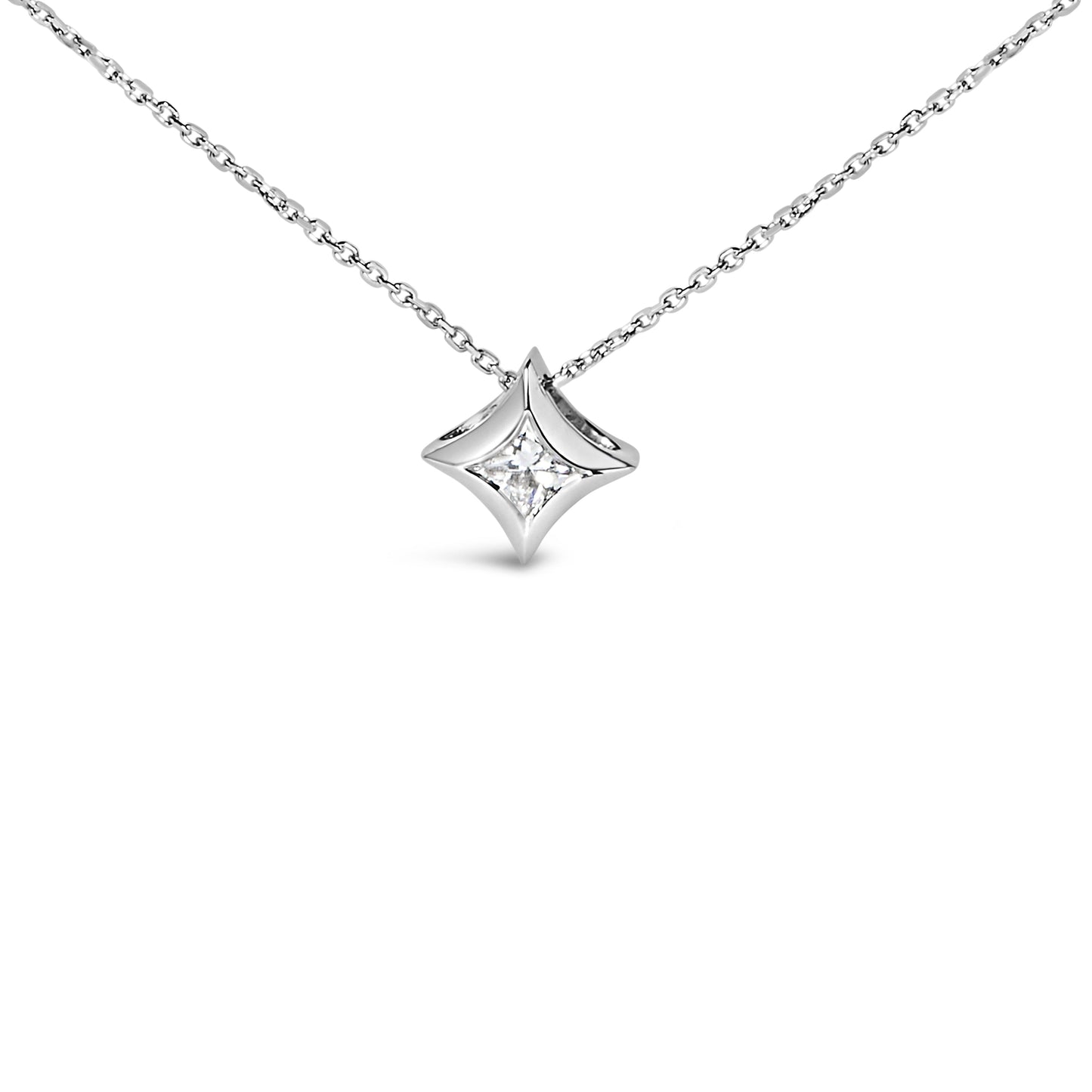 10K White Gold Bezel Set Solitaire Diamond Kite Pendant Necklace - 18"