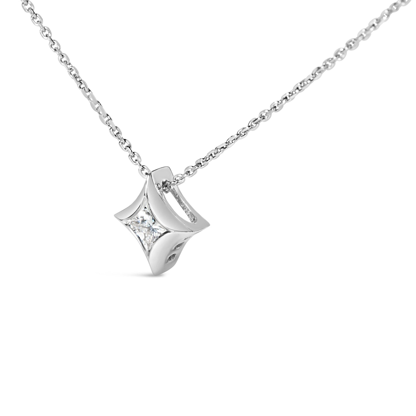 10K White Gold Bezel Set Solitaire Diamond Kite Pendant Necklace - 18"