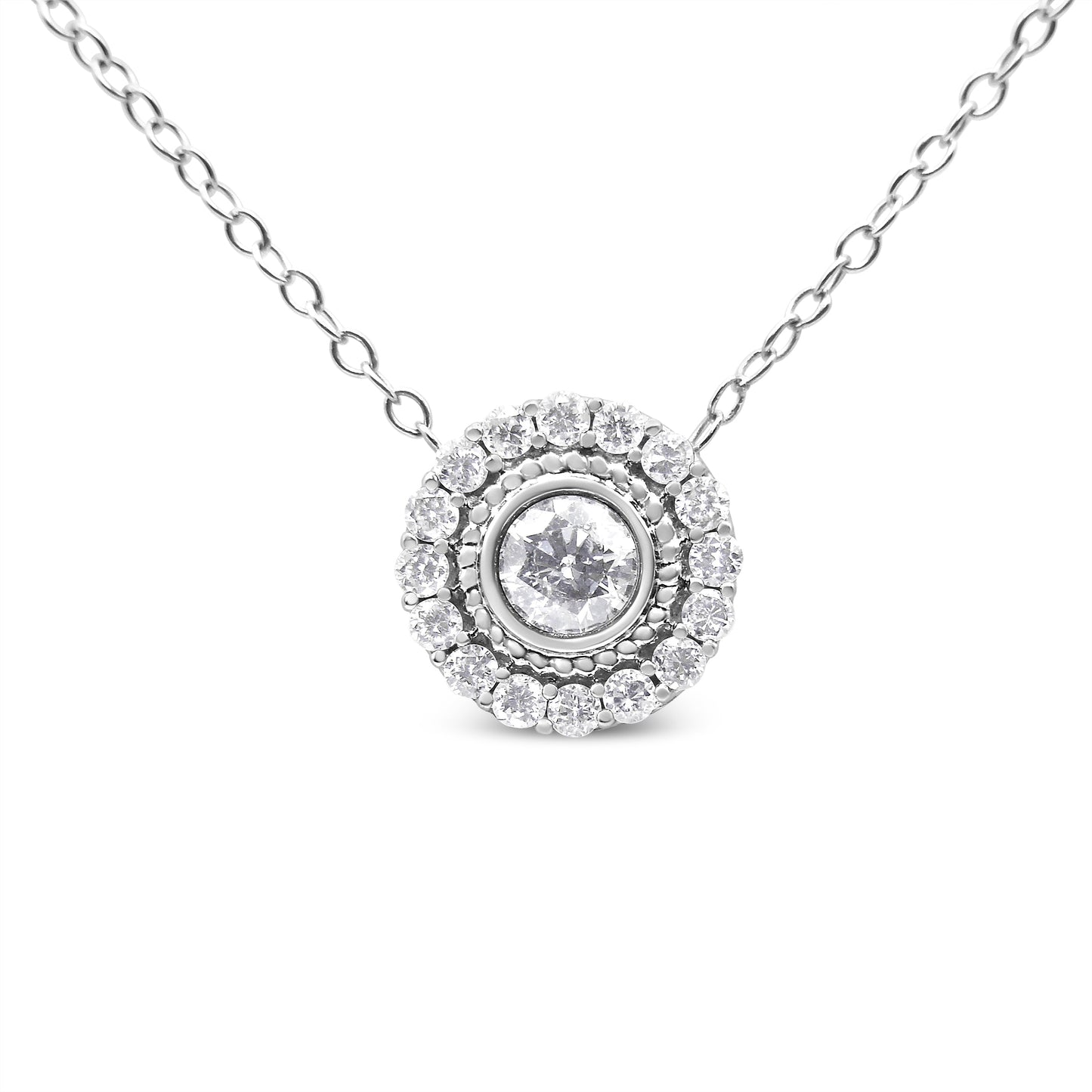 Collier Pendentif Rond en Diamant Halo en Argent Sterling .925