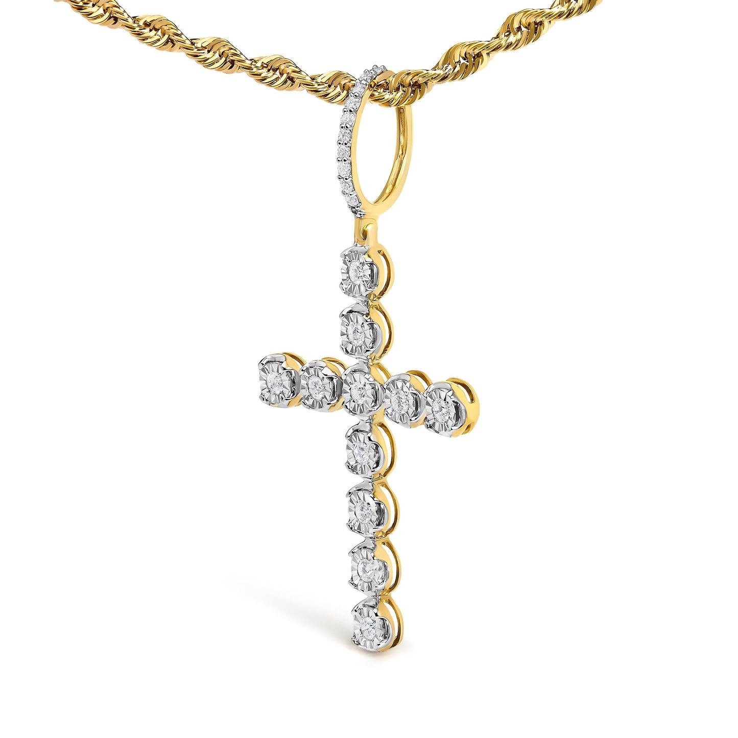 Collar de colgante de cruz con eslabones en círculo de diamante de oro amarillo de 10K para hombres