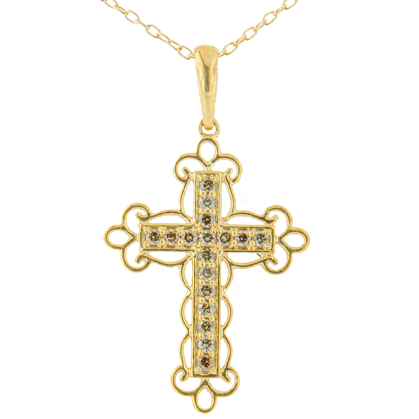 Collar con colgante de cruz de diamantes champán de plata esterlina bañado en oro de 10K - 18"