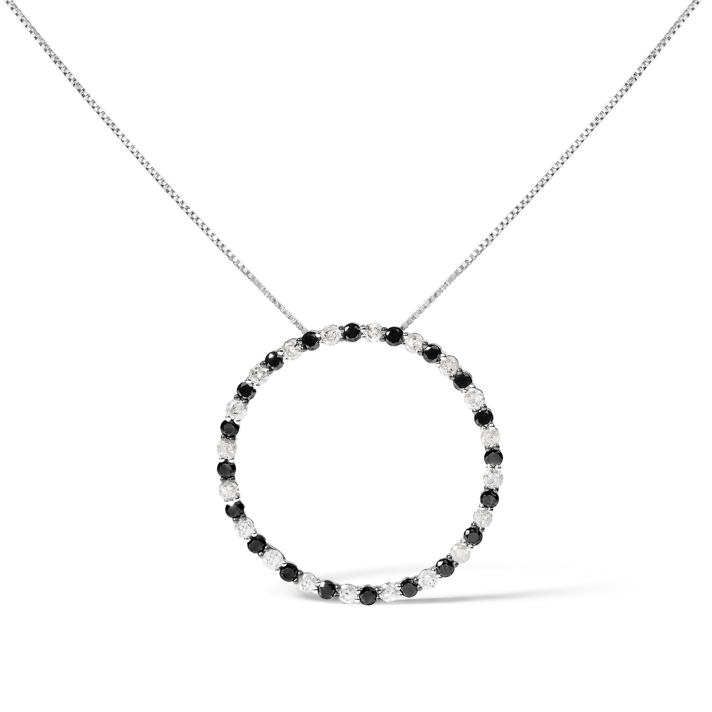 .925 Sterling Silver Black & White Diamond Open Hoop Pendant Necklace