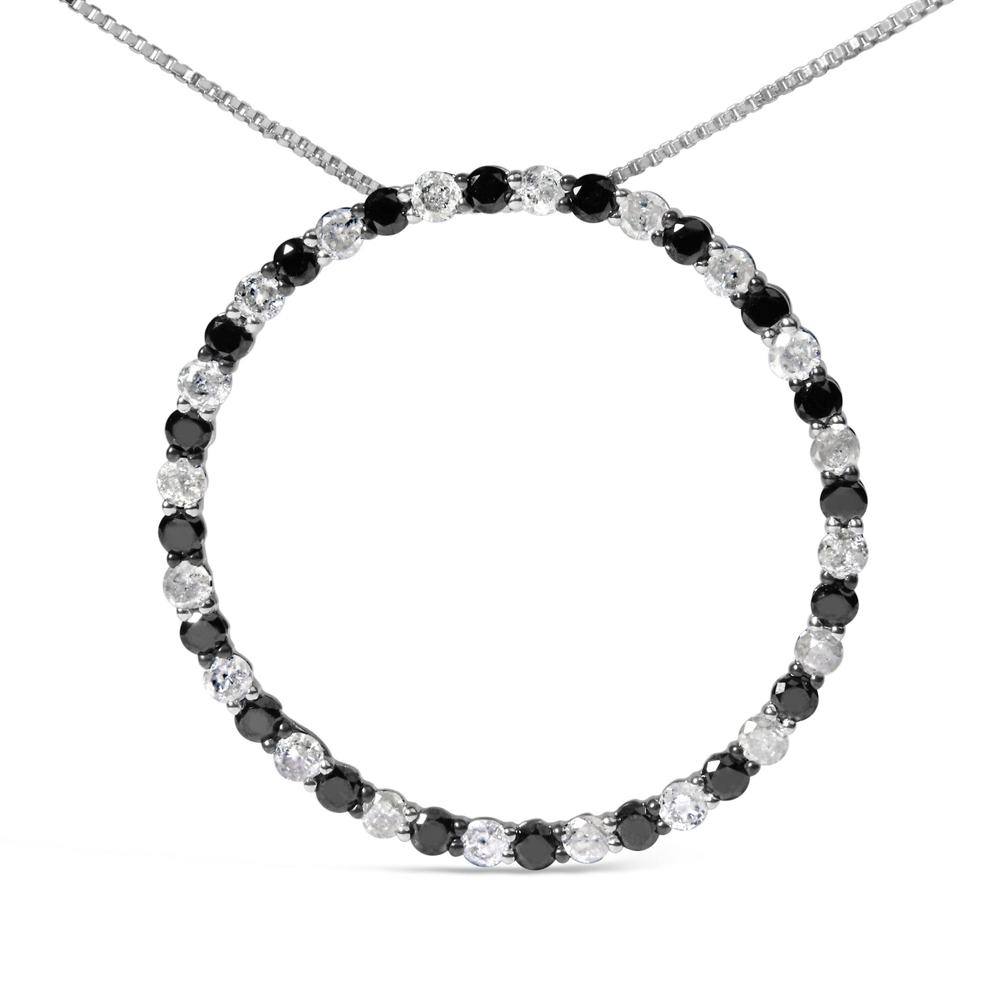 .925 Sterling Silver Black & White Diamond Open Hoop Pendant Necklace