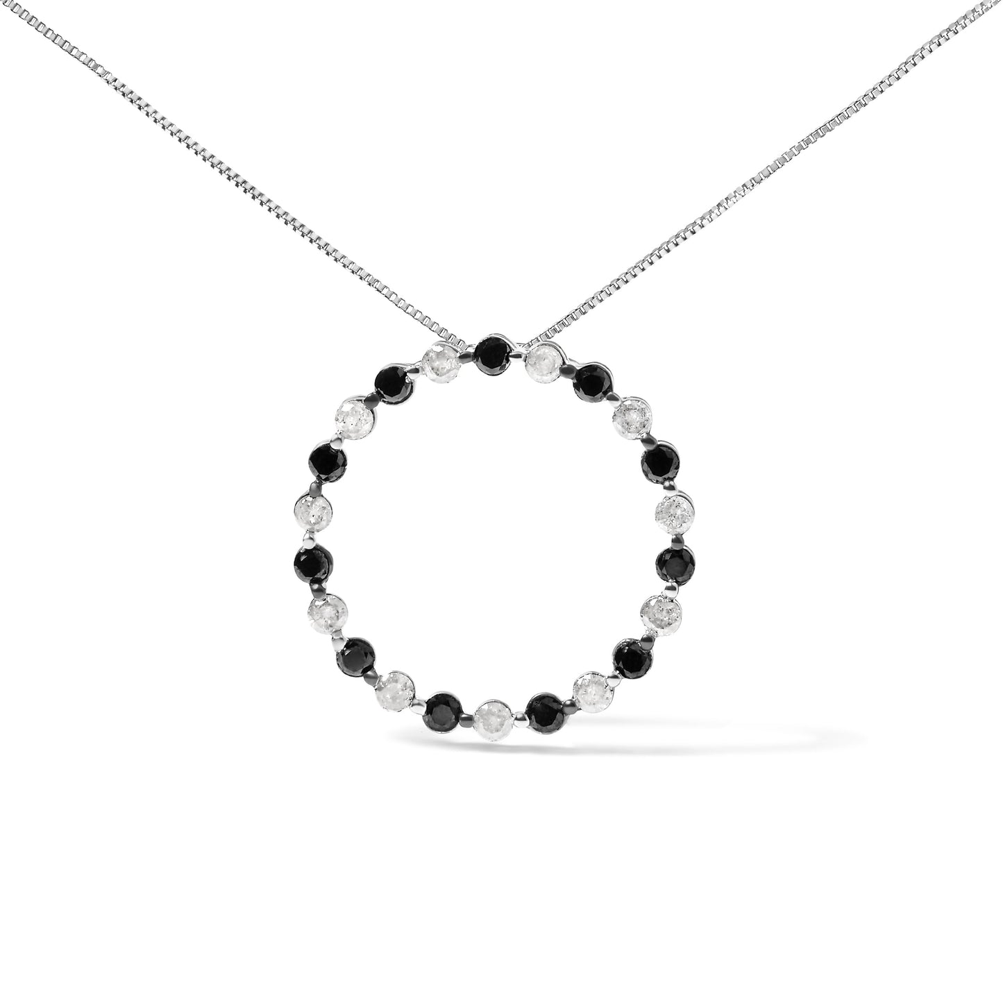 Collier Pendentif Ouvert en Argent Sterling 925 avec Diamants Noirs et Blancs