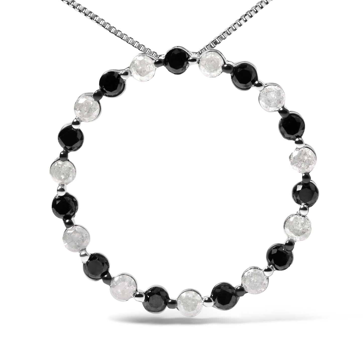 Collier Pendentif Ouvert en Argent Sterling 925 avec Diamants Noirs et Blancs