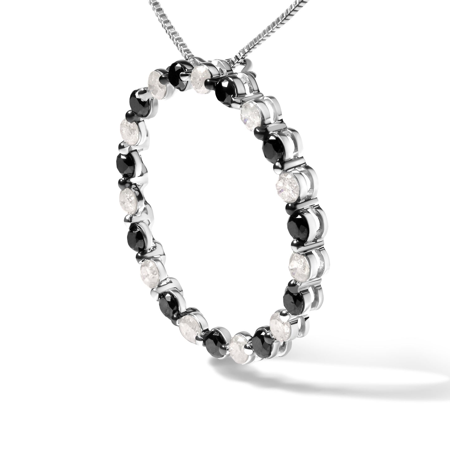 Collier Pendentif Ouvert en Argent Sterling 925 avec Diamants Noirs et Blancs