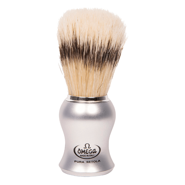Brosse à raser Omega à manche argenté mat avec support #81229