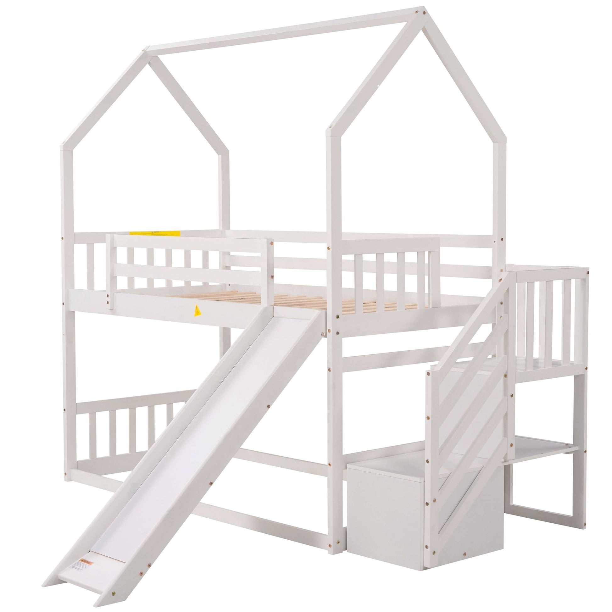 Twin over Twin House Bunk Bed with Convertible Slide,Storage Staircase,White - Korvel
