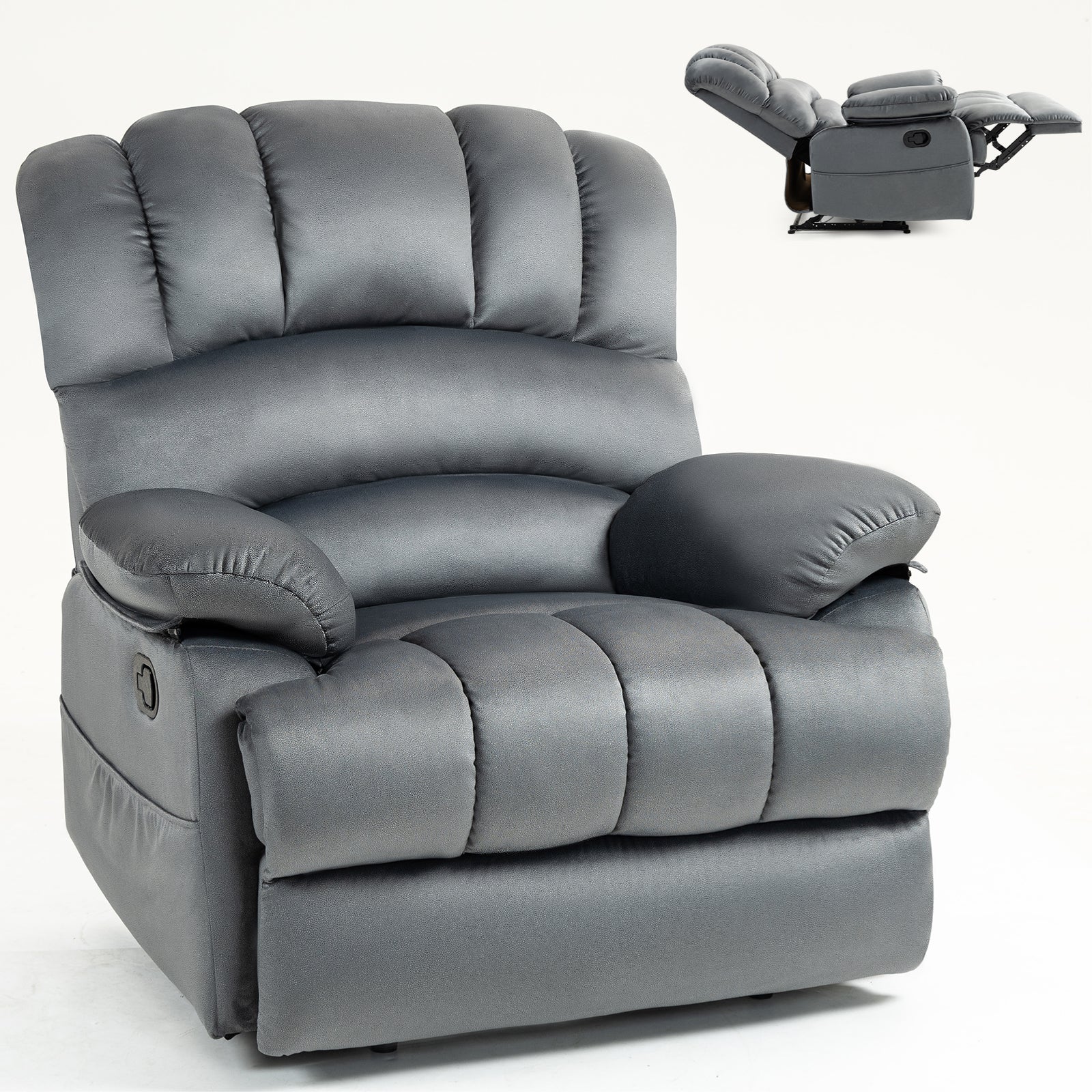 Large Manual Recliner Chair in Fabric for Living Room, Grey - Korvel