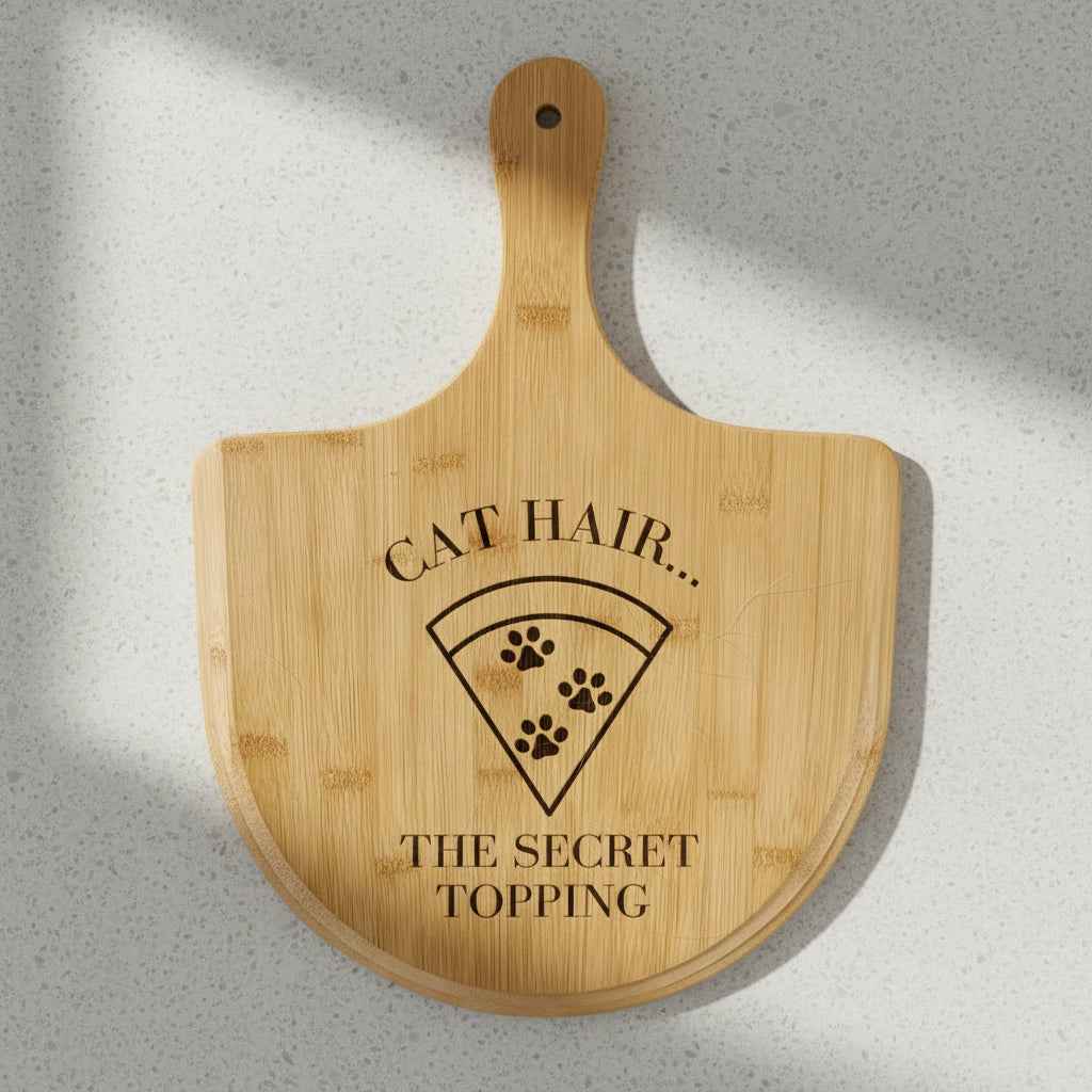 Engraved Bamboo Pizza Board - Cat Hair Secret Topping