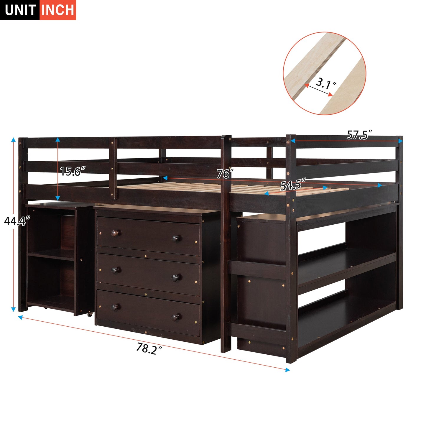 Low Study Full Loft Bed with Cabinet Shelves and Rolling Portable Desk Multiple Functions Bed- Espresso - Korvel
