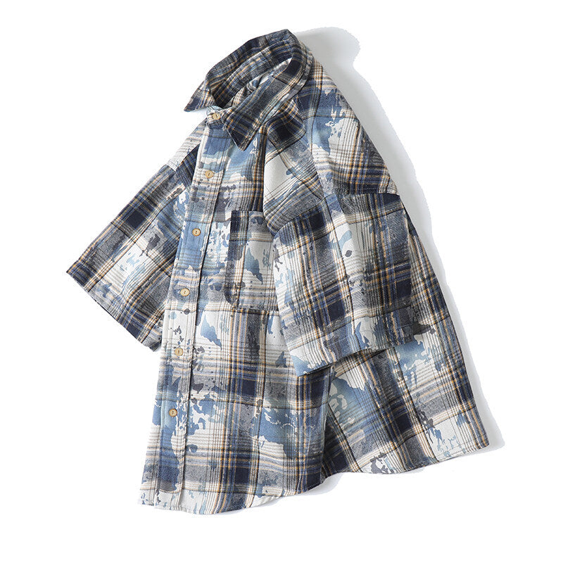 Tie dye printed plaid wide cut shirt - Korvel