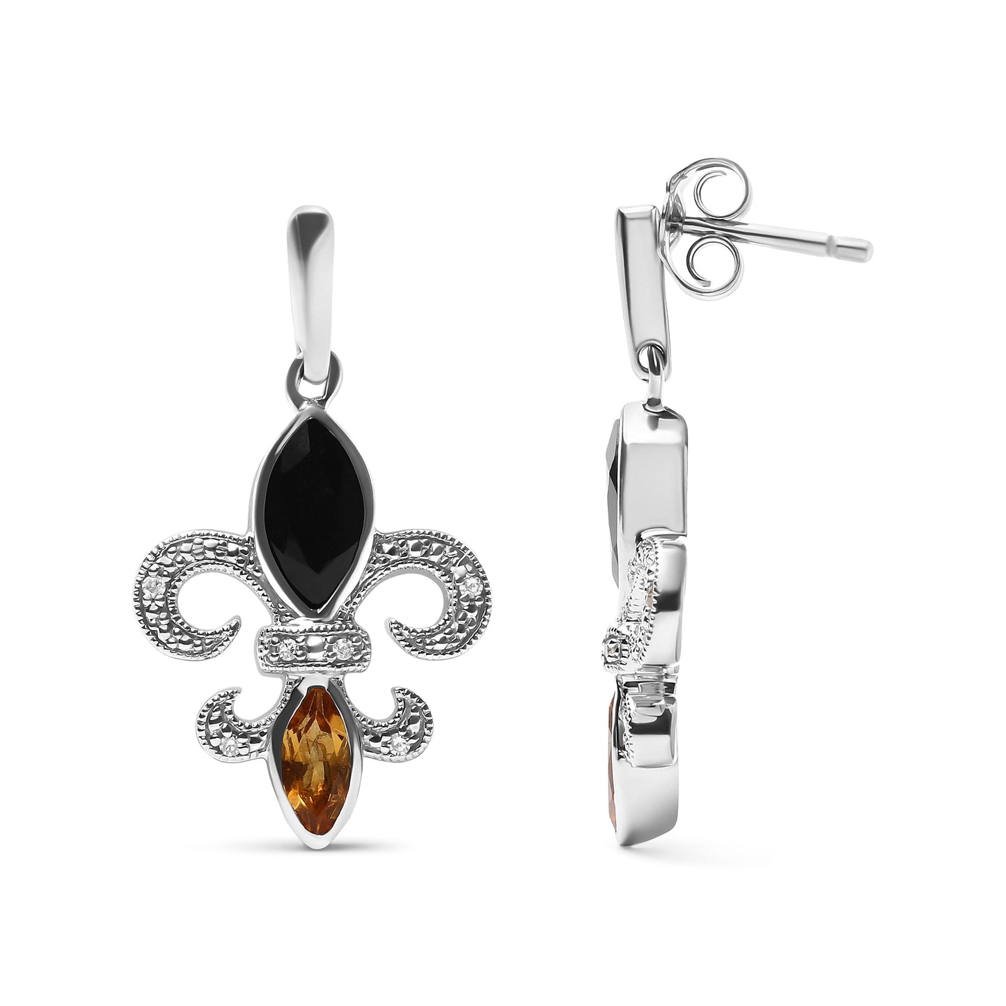 Boucles d'oreilles pendantes en argent sterling .925 avec fleur de lys, onyx et citrine