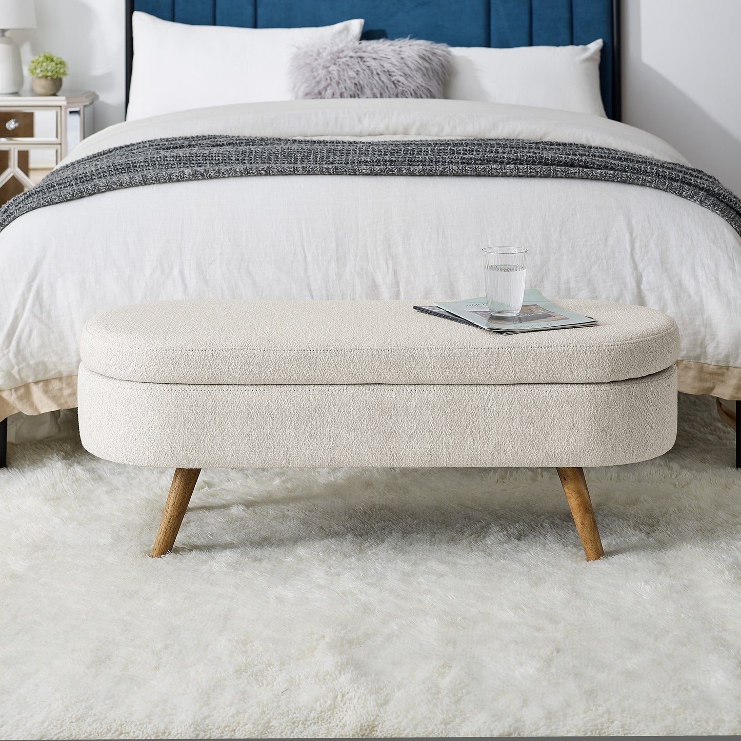 Ottoman Oval Storage Bench Rubber Wood Legs Beige(43.5"x16"x16") - Korvel