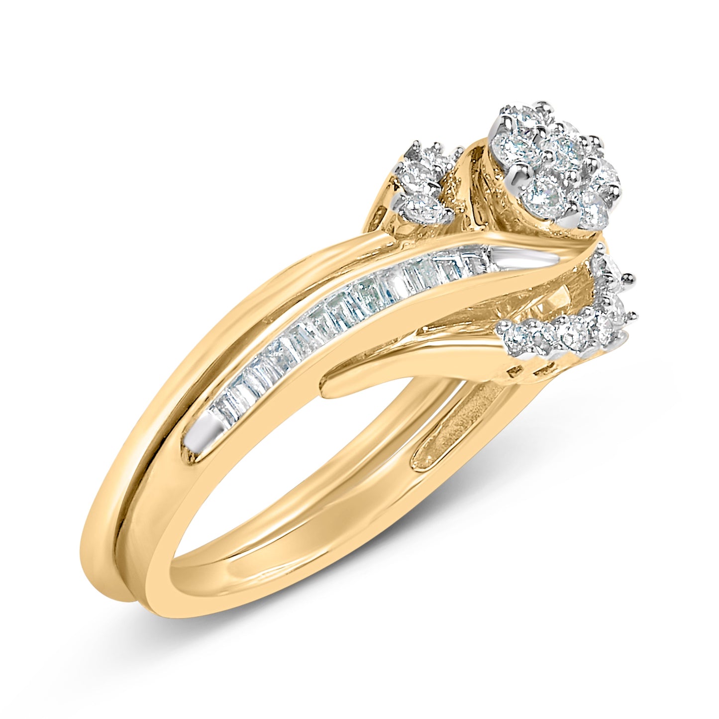 14K Yellow Gold Plated Sterling Silver Diamond Cluster Bridal Set
