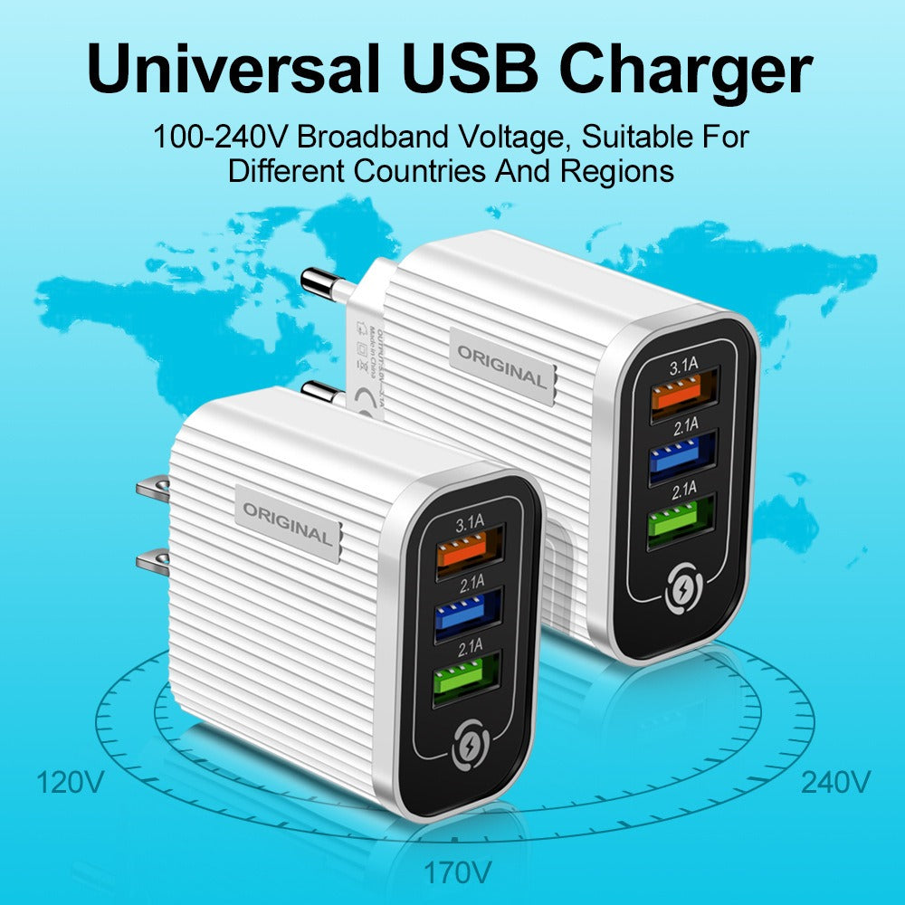 3USB-2.1A Multi Port Mobile Phone Charger Smart Travel Charging Head - Korvel