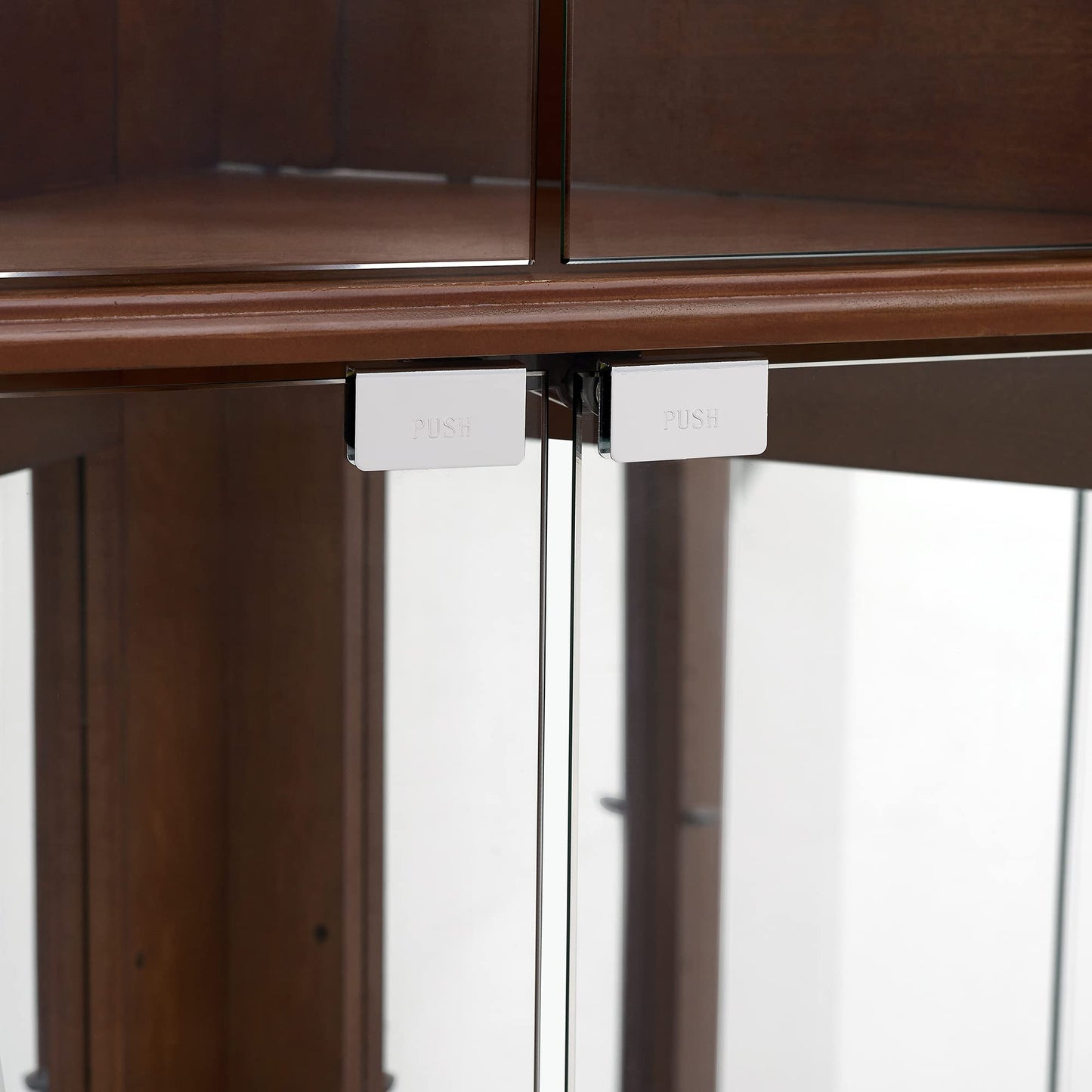 Corner Curio Dispaly Cabinet with Lights, Adjustable Tempered Glass Shelves, Mirrored Back,Walnut(E26 light bulb not included) - Korvel