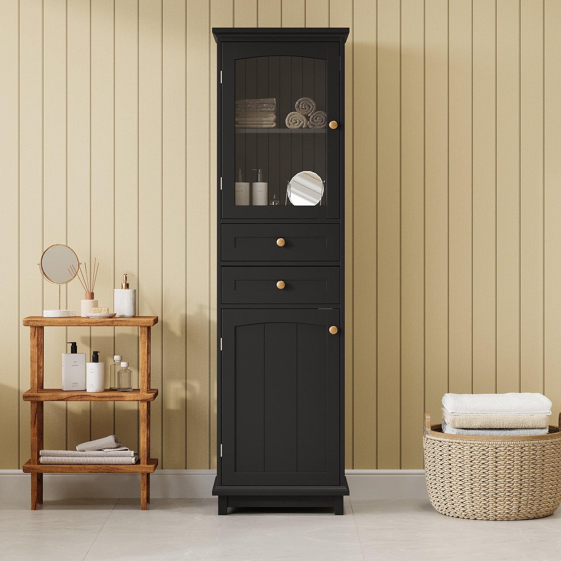 Tall Bathroom Storage Cabinet with Glass Doors, Free-Standing, Two Drawers, and Adjustable Shelves, MDF Board, Painted Black - Korvel