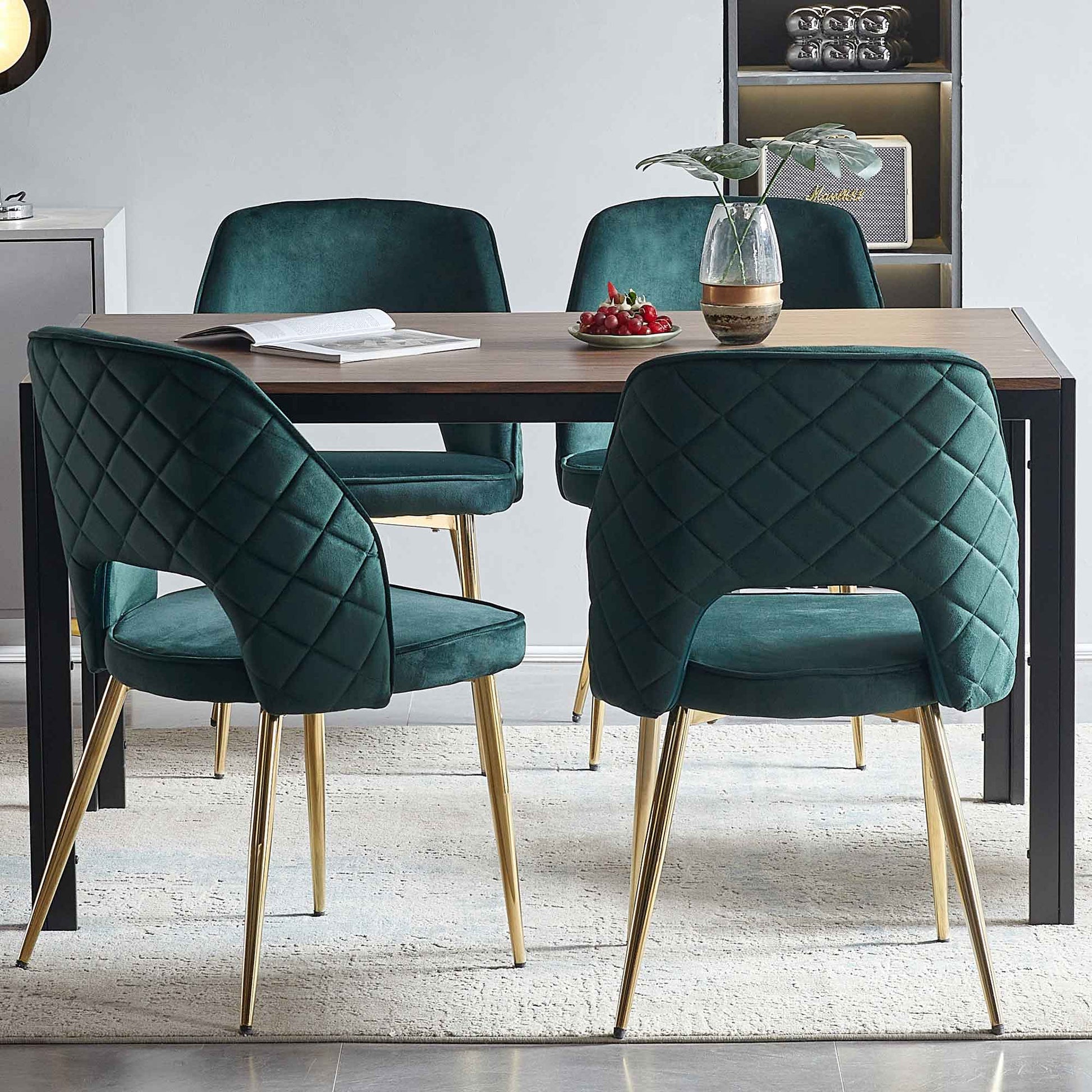 Dark Green Velvet Dining Chairs with Metal Legs and Hollow Back Upholstered Dining Chairs Set of 4 - Korvel
