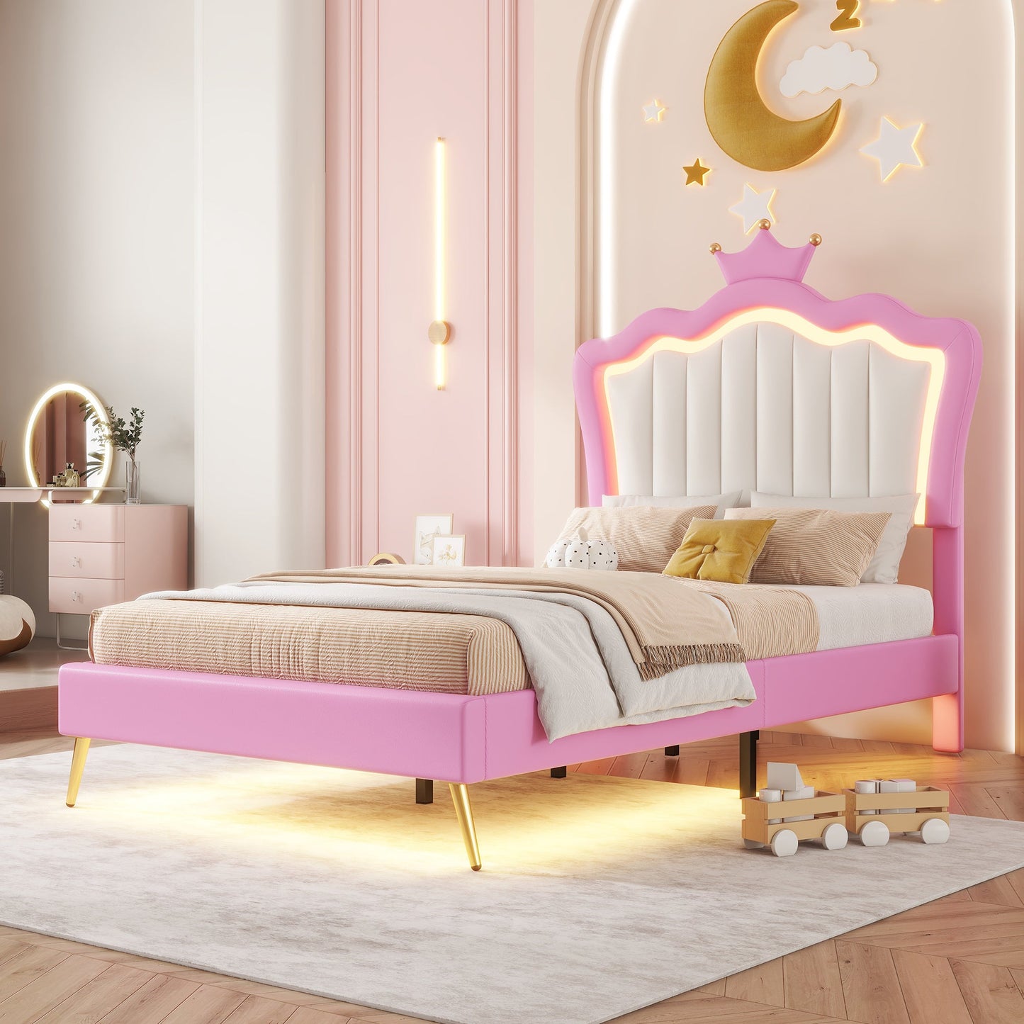 Twin Size Upholstered Bed Frame with LED Lights - Pink & White